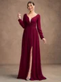 A-line kjole kjole Chiffong Ruched V-hals Lange ermer Gulvlengde Brudens Mor Kjole