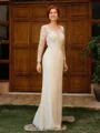 Sheath Scoop Lange ermer Applikasjoner Blonder Gulvlengde Chiffong Brudens Mor Kjole