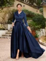 A-line kjole kjole Satin Ruched V-hals Lange ermer Asymmetrisk Brudens Mor Kjole