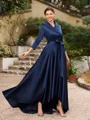 A-line kjole kjole Satin Ruched V-hals Lange ermer Asymmetrisk Brudens Mor Kjole
