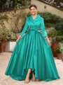 A-line kjole kjole Satin Ruched V-hals Lange ermer Asymmetrisk Brudens Mor Kjole