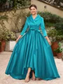 A-line kjole kjole Satin Ruched V-hals Lange ermer Asymmetrisk Brudens Mor Kjole