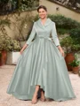 A-line kjole kjole Satin Ruched V-hals Lange ermer Asymmetrisk Brudens Mor Kjole