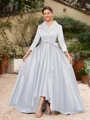 A-line kjole kjole Satin Ruched V-hals Lange ermer Asymmetrisk Brudens Mor Kjole