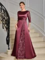 Sheath Scoop Trekvart ermer Applikasjoner Blonder Gulvlengde Satin Brudens Mor Kjole