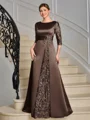 Sheath Scoop Trekvart ermer Applikasjoner Blonder Gulvlengde Satin Brudens Mor Kjole