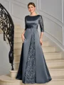 Sheath Scoop Trekvart ermer Applikasjoner Blonder Gulvlengde Satin Brudens Mor Kjole