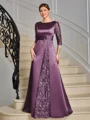 Sheath Scoop Trekvart ermer Applikasjoner Blonder Gulvlengde Satin Brudens Mor Kjole