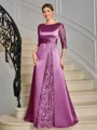 Sheath Scoop Trekvart ermer Applikasjoner Blonder Gulvlengde Satin Brudens Mor Kjole