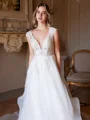 A-line kjole kjole Organza Blonder V-hals Kortermer Bane-tog Brudekjoler
