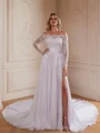 A-line kjole kjole Sateng Chiffongg Blonder Bare Skuldre Lange ermer Katedral Slep Brudekjoler