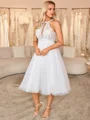 A-line kjole Halterneck Applikasjoner Blonder Te-Lengde Organza Brudekjoler