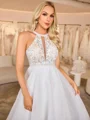 A-line kjole Halterneck Applikasjoner Blonder Te-Lengde Organza Brudekjoler