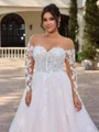 A-line kjole Scoop Lange ermer Applikasjoner Blonder Bane-tog Tyll Korsett Plus Size Brudekjoler
