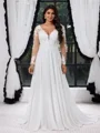 A-line kjole V-hals Lange ermer Applikasjoner Blonder Bane-tog Chiffong Korsett Plus Size Brudekjoler