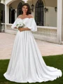 A-line kjole Scoop Halvlang Plissert Sweep/Børste train Satin Korsett Plus Size Brudekjoler