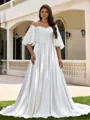 A-line kjole Scoop Halvlang Plissert Sweep/Børste train Satin Korsett Plus Size Brudekjoler