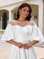 A-line kjole Scoop Halvlang Plissert Sweep/Børste train Satin Korsett Plus Size Brudekjoler