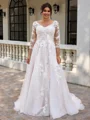 A-line kjole V-hals Trekvart ermer Applikasjoner Blonder Sweep/Børste train Tyll Korsett Plus Size Brudekjoler