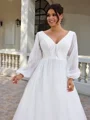 A-line kjole V-hals Lange ermer Applikasjoner Blonder Sweep/Børste train Tyll Korsett Plus Size Brudekjoler