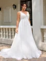 A-line kjole V-hals Applikasjoner Blonder Bane-tog Tyll Plus Size Brudekjoler