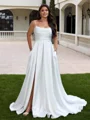 A-line kjole Spaghetti Plissert Sweep/Børste train Charmeuse Korsett Plus Size Brudekjoler