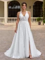 A-line kjole V-hals Applikasjoner Blonder Bane-tog Tyll Korsett Plus Size Brudekjoler
