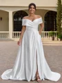 A-line kjole Bare Skuldre Plissert Bane-tog Satin Korsett Plus Size Brudekjoler