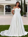 A-line kjole Bare Skuldre Applikasjoner Blonder Kapell Slep Strekk Crêpe Plus Size Brudekjoler