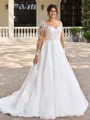 A-line kjole Scoop Lange ermer Applikasjoner Blonder Sweep/Børste train Organza Plus Size Brudekjoler