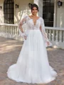 A-line kjole V-hals Lange ermer Applikasjoner Blonder Bane-tog Tyll Plus Size Brudekjoler