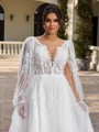A-line kjole V-hals Lange ermer Applikasjoner Blonder Bane-tog Tyll Plus Size Brudekjoler
