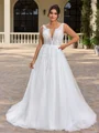 A-line kjole V-hals Lange ermer Applikasjoner Blonder Bane-tog Tyll Plus Size Brudekjoler