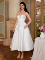 A-line kjole Sweetheart Plissert Te-Lengde Satin Korsett Brudekjoler