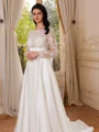 A-line kjole Scoop Lange ermer Bue Bane-tog Satin Brudekjoler